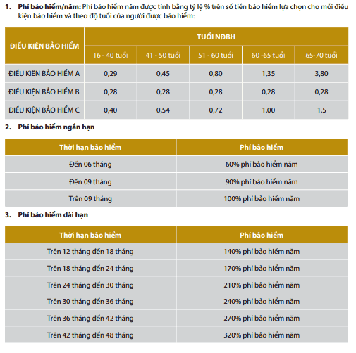 Biểu phí Bảo hiểm kết hợp con người Bảo Việt